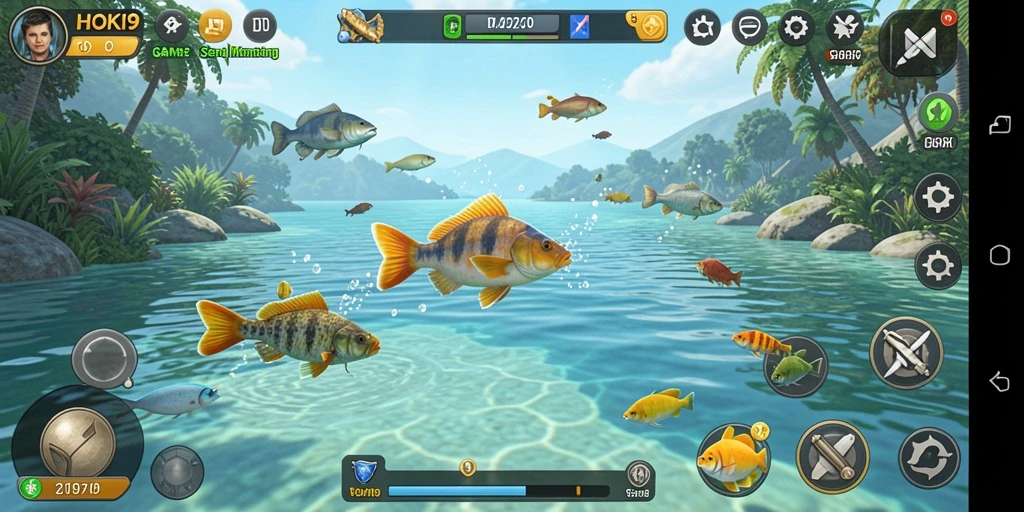 Gameplay HOKI9 menampilkan aksi seru memancing di laut yang indah.