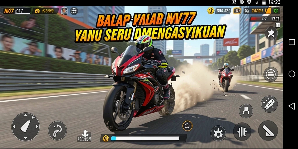 Tampilan gameplay NV77 menampilkan aksi balap motor yang mendebarkan.