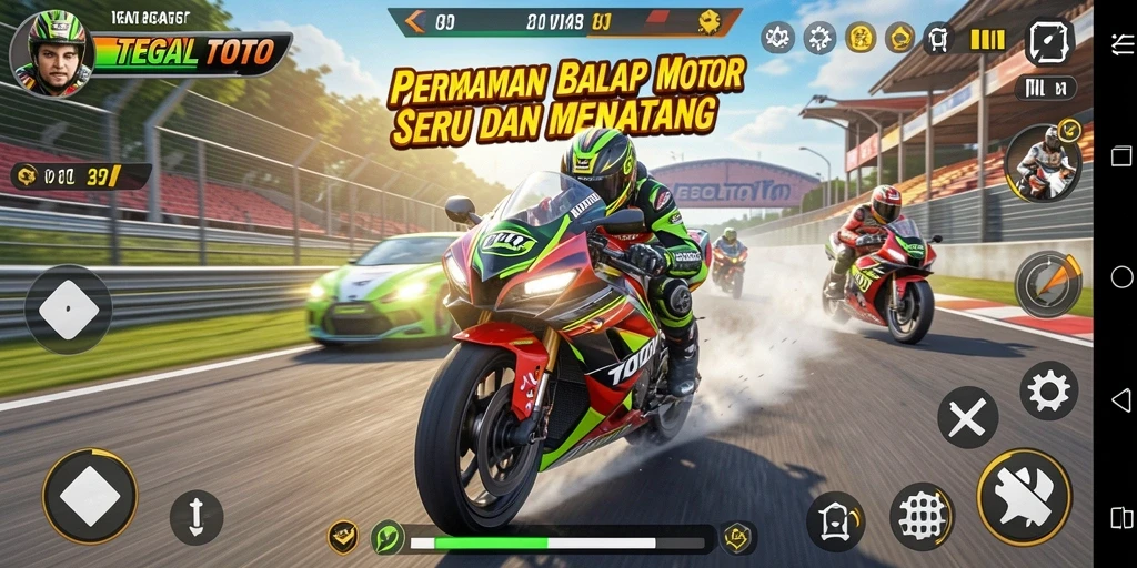 Screenshot TEGALTOTO menampilkan balapan motor yang seru dan mendebarkan.
